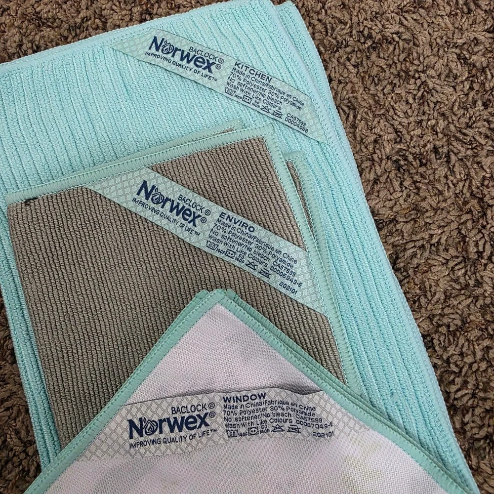 Norwex 3pc Set Ribbed Kitchen Towel Teal Gray EnviroCloth Hedgehog Window Cloth